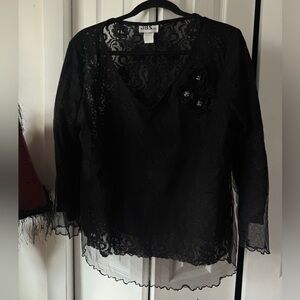 J.B.S. Black Lace V-Neck Top with Floral Appliqués